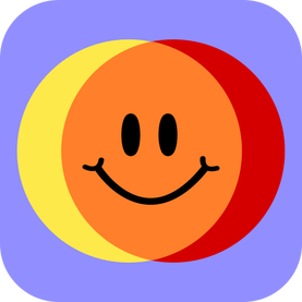 Colibrium logo - yellow & red circles crossing over to make orange, with a smiley face in the middle