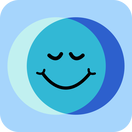 Colibrium logo - light blue & dark blue circles crossing over to make blue, with a smiley face with closed, relaxed eyes in the middle (blue background, rounded corners)