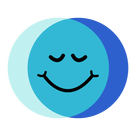 Colibrium logo - light blue & dark blue circles crossing over to make blue, with a smiley face with closed, relaxed eyes in the middle (transparent background)