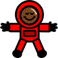 Red-suited astronaut cartoon image with brown skin with eyes closed, looking relaxed